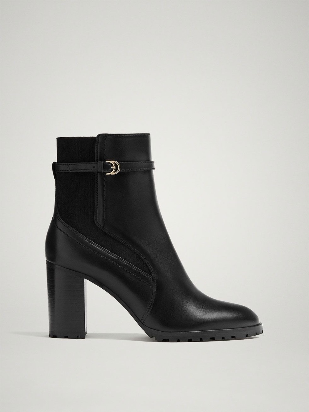 Massimo Dutti Black Leather Mid-High Block Heel Ankle Boots